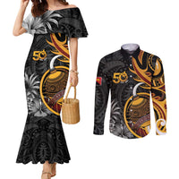 Personalised Papua New Guinea Couples Matching Mermaid Dress and Long Sleeve Button Shirt Happy Independence Day LT05 Black - Polynesian Pride