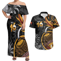 Personalised Papua New Guinea Couples Matching Off Shoulder Maxi Dress and Hawaiian Shirt Happy Independence Day LT05 Black - Polynesian Pride