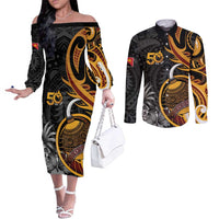 Personalised Papua New Guinea Couples Matching Off The Shoulder Long Sleeve Dress and Long Sleeve Button Shirt Happy Independence Day LT05 Black - Polynesian Pride