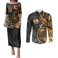 Personalised Papua New Guinea Couples Matching Puletasi and Long Sleeve Button Shirt Happy Independence Day LT05 Black - Polynesian Pride