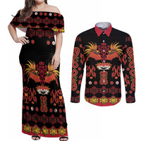 Papua Batik Motif Couples Matching Off Shoulder Maxi Dress and Long Sleeve Button Shirt Papua Spirit Black Version - Polynesian Pride