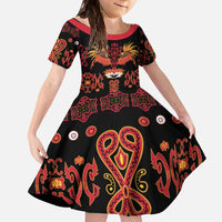 Papua Batik Motif Family Matching Off The Shoulder Long Sleeve Dress and Hawaiian Shirt Papua Spirit Black Version - Polynesian Pride