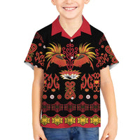 Papua Batik Motif Family Matching Off The Shoulder Long Sleeve Dress and Hawaiian Shirt Papua Spirit Black Version - Polynesian Pride