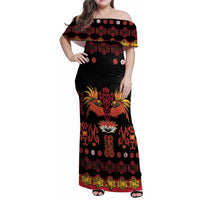 Papua Batik Motif Family Matching Off Shoulder Maxi Dress and Hawaiian Shirt Papua Spirit Black Version - Polynesian Pride