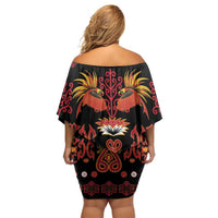 Papua Batik Motif Family Matching Off Shoulder Short Dress and Hawaiian Shirt Papua Spirit Black Version - Polynesian Pride