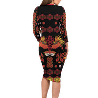 Papua Batik Motif Long Sleeve Bodycon Dress Papua Spirit Black Version - Polynesian Pride