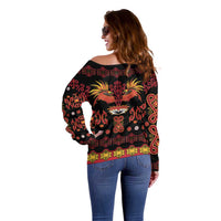Papua Batik Motif Off Shoulder Sweater Papua Spirit Black Version - Polynesian Pride