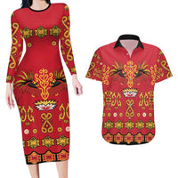 Papua Batik Motif Couples Matching Long Sleeve Bodycon Dress and Hawaiian Shirt Papua Spirit Red Version - Polynesian Pride