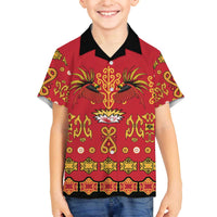 Papua Batik Motif Family Matching Off The Shoulder Long Sleeve Dress and Hawaiian Shirt Papua Spirit Red Version - Polynesian Pride