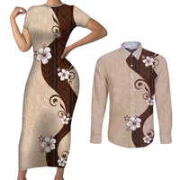 Polynesia Hibiscus Couples Matching Short Sleeve Bodycon Dress and Long Sleeve Button Shirt Cameo Curve Motif LT05 Beige - Polynesian Pride