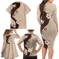 Polynesia Hibiscus Family Matching Long Sleeve Bodycon Dress and Hawaiian Shirt Cameo Curve Motif - Polynesian Pride