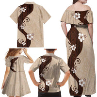 Polynesia Hibiscus Family Matching Off Shoulder Maxi Dress and Hawaiian Shirt Cameo Curve Motif - Polynesian Pride