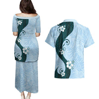 Polynesia Hibiscus Couples Matching Puletasi and Hawaiian Shirt Sky Blue Curve Motif - Polynesian Pride