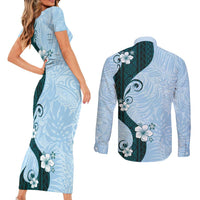 Polynesia Hibiscus Couples Matching Short Sleeve Bodycon Dress and Long Sleeve Button Shirt Sky Blue Curve Motif LT05 - Polynesian Pride
