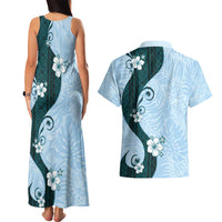 Polynesia Hibiscus Couples Matching Tank Maxi Dress and Hawaiian Shirt Sky Blue Curve Motif - Polynesian Pride