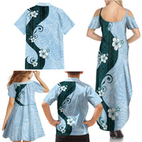 Polynesia Hibiscus Family Matching Summer Maxi Dress and Hawaiian Shirt Sky Blue Curve Motif - Polynesian Pride