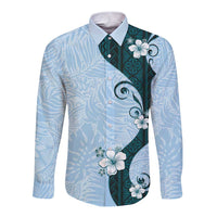 Polynesia Hibiscus Long Sleeve Button Shirt Sky Blue Curve Motif - Polynesian Pride