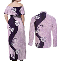 Polynesia Hibiscus Couples Matching Off Shoulder Maxi Dress and Long Sleeve Button Shirt Thistle Curve Motif - Polynesian Pride