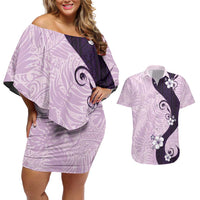 Polynesia Hibiscus Couples Matching Off Shoulder Short Dress and Hawaiian Shirt Thistle Curve Motif - Polynesian Pride