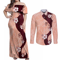 Polynesia Hibiscus Couples Matching Off Shoulder Maxi Dress and Long Sleeve Button Shirt Rose Bud Curve Motif - Polynesian Pride