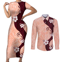 Polynesia Hibiscus Couples Matching Short Sleeve Bodycon Dress and Long Sleeve Button Shirt Rose Bud Curve Motif LT05 Red - Polynesian Pride