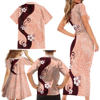 Polynesia Hibiscus Family Matching Short Sleeve Bodycon Dress and Hawaiian Shirt Rose Bud Curve Motif - Polynesian Pride