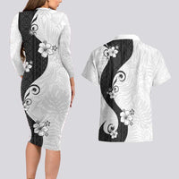 Polynesia Hibiscus Couples Matching Long Sleeve Bodycon Dress and Hawaiian Shirt White Curve Motif - Polynesian Pride