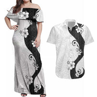 Polynesia Hibiscus Couples Matching Off Shoulder Maxi Dress and Hawaiian Shirt White Curve Motif - Polynesian Pride