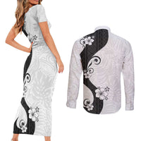 Polynesia Hibiscus Couples Matching Short Sleeve Bodycon Dress and Long Sleeve Button Shirt White Curve Motif - Polynesian Pride