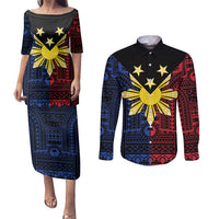 Philippines Sun Star Couples Matching Puletasi and Long Sleeve Button Shirt Igorot Tribal Inspiration - Polynesian Pride