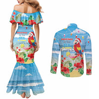Hawaii Christmas Couples Matching Mermaid Dress and Long Sleeve Button Shirt Funny Macaw Parrot Tropical Vibe LT05 - Polynesian Pride
