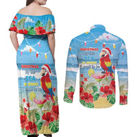 Hawaii Christmas Couples Matching Off Shoulder Maxi Dress and Long Sleeve Button Shirt Funny Macaw Parrot Tropical Vibe