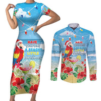 Hawaii Christmas Couples Matching Short Sleeve Bodycon Dress and Long Sleeve Button Shirt Funny Macaw Parrot Tropical Vibe LT05 Blue - Polynesian Pride