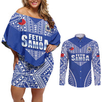 Fetu Samoa Rugby Custom Couples Matching Off Shoulder Short Dress and Long Sleeve Button Shirt Go Champions LT05 Blue - Polynesian Pride