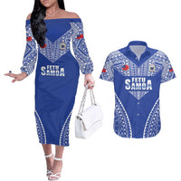 Fetu Samoa Rugby Custom Couples Matching Off The Shoulder Long Sleeve Dress and Hawaiian Shirt Go Champions LT05 Blue - Polynesian Pride