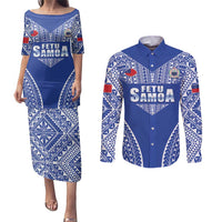 Fetu Samoa Rugby Custom Couples Matching Puletasi and Long Sleeve Button Shirt Go Champions LT05 Blue - Polynesian Pride