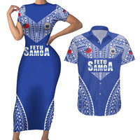 Fetu Samoa Rugby Custom Couples Matching Short Sleeve Bodycon Dress and Hawaiian Shirt Go Champions LT05 Blue - Polynesian Pride