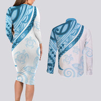 Blue Polynesian Tribal Turtle Floral Pattern Couples Matching Long Sleeve Bodycon Dress and Long Sleeve Button Shirt