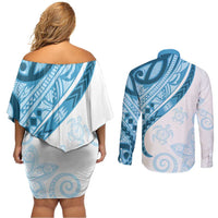 Blue Polynesian Tribal Turtle Floral Pattern Couples Matching Off Shoulder Short Dress and Long Sleeve Button Shirt