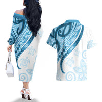 Blue Polynesian Tribal Turtle Floral Pattern Couples Matching Off The Shoulder Long Sleeve Dress and Hawaiian Shirt