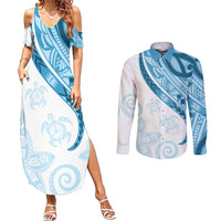Blue Polynesian Tribal Turtle Floral Pattern Couples Matching Summer Maxi Dress and Long Sleeve Button Shirt