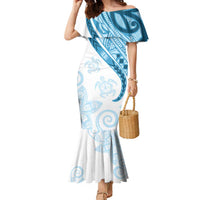 Blue Polynesian Tribal Turtle Floral Pattern Family Matching Mermaid Dress and Hawaiian Shirt