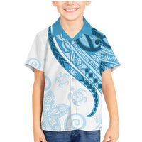 Blue Polynesian Tribal Turtle Floral Pattern Family Matching Mermaid Dress and Hawaiian Shirt