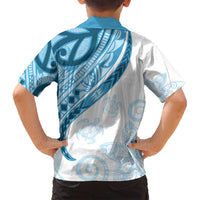Blue Polynesian Tribal Turtle Floral Pattern Family Matching Off Shoulder Short Dress and Hawaiian Shirt
