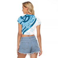 Blue Polynesian Tribal Turtle Floral Pattern Raglan Cropped T Shirt