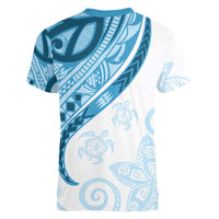 Blue Polynesian Tribal Turtle Floral Pattern Women V-Neck T-Shirt