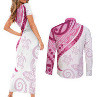 Rose Pink Polynesian Tribal Turtle Floral Pattern Couples Matching Short Sleeve Bodycon Dress and Long Sleeve Button Shirt