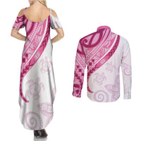 Rose Pink Polynesian Tribal Turtle Floral Pattern Couples Matching Summer Maxi Dress and Long Sleeve Button Shirt