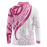 Rose Pink Polynesian Tribal Turtle Floral Pattern Long Sleeve Polo Shirt