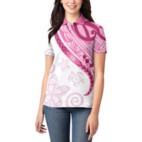 Rose Pink Polynesian Tribal Turtle Floral Pattern Women Polo Shirt